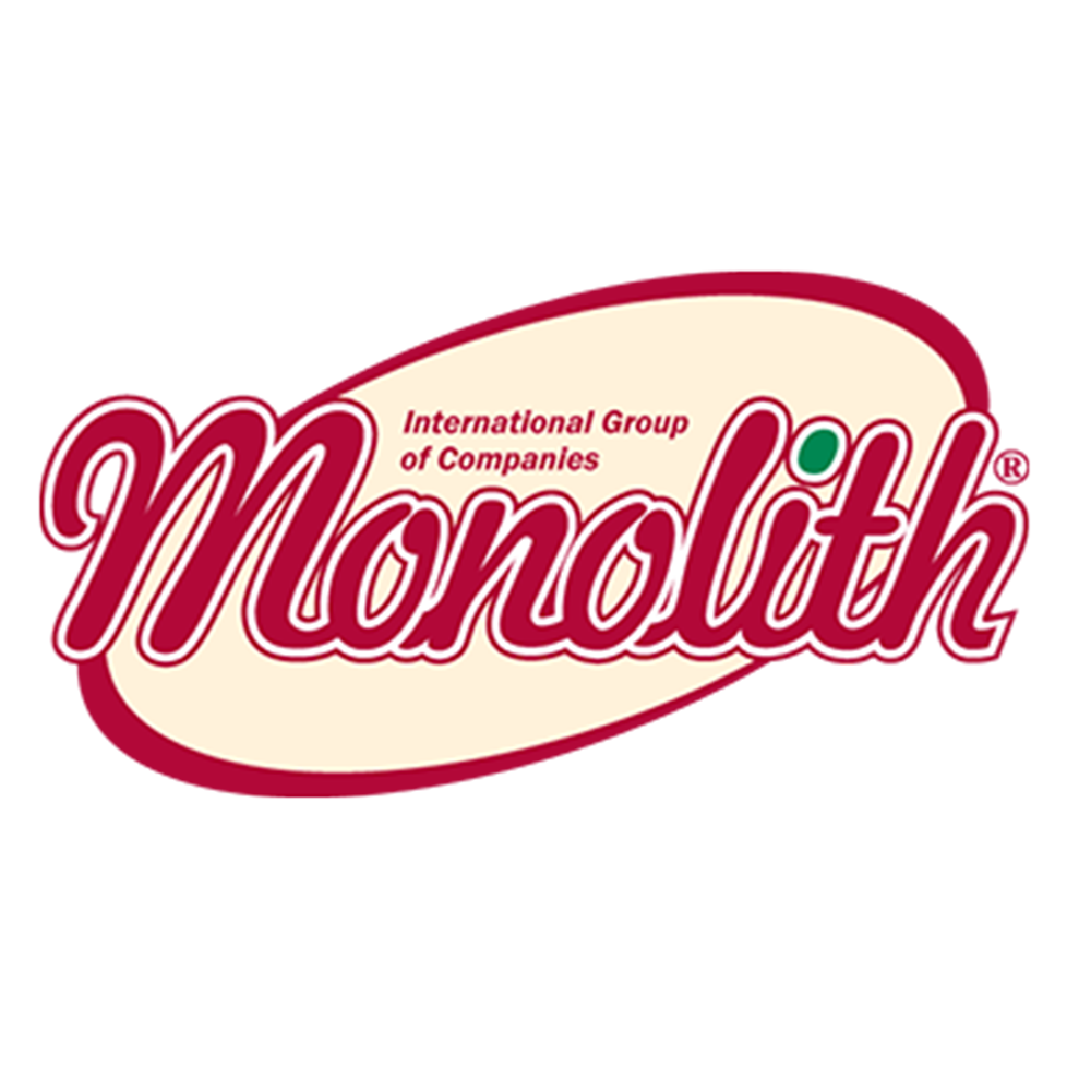 Logo von Monolith in Rot und Creme mit geschwungenem Schriftzug und kleinem grünen Punkt.