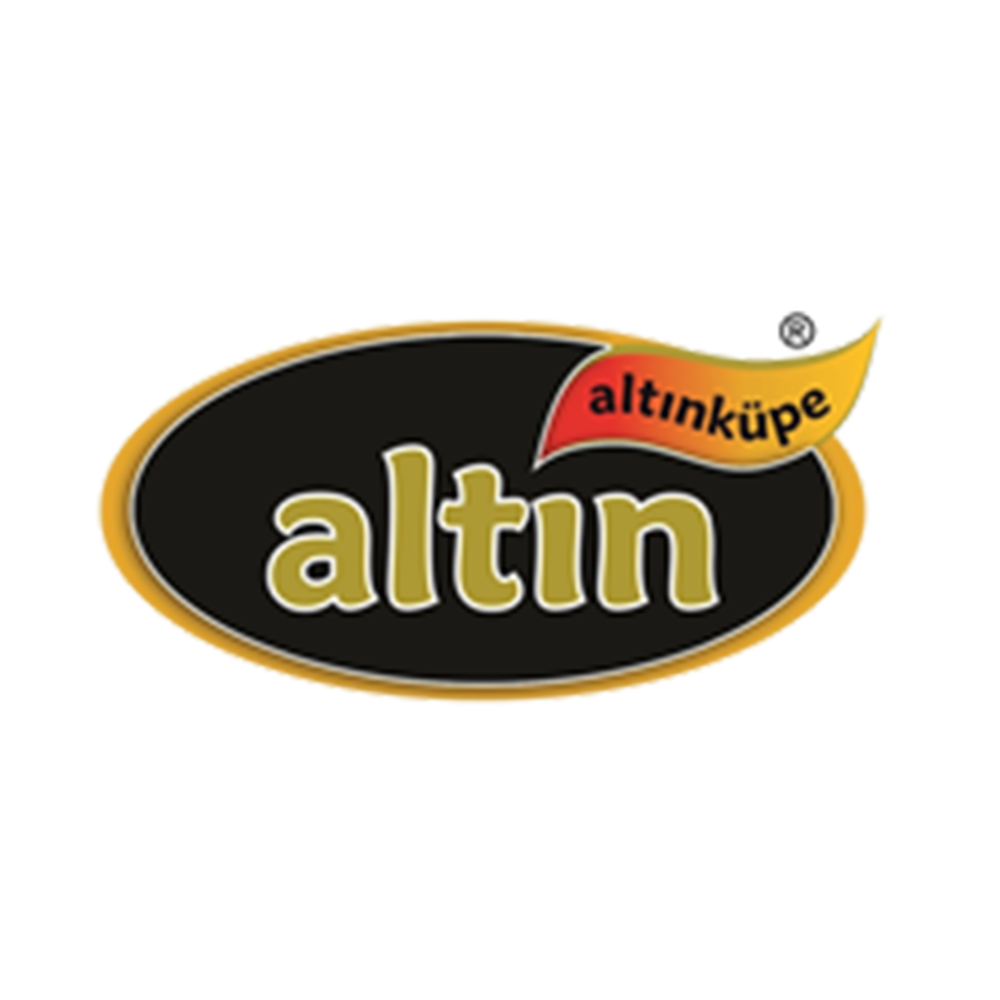 Logo mit ovalem, schwarzem Hintergrund, goldener Schrift: "altin". Oben rechts ein rotes Banner.