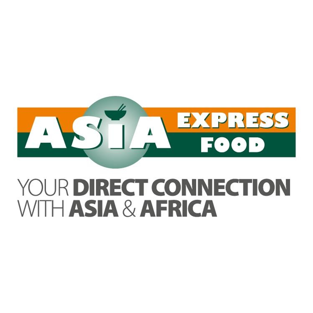 Logo mit Text "Asia Express Food" auf grünem und orangenem Hintergrund, abgedeckt von einer Schüssel.